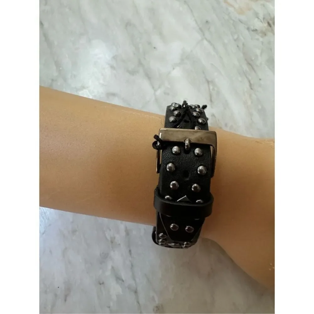 Rebecca Minkoff Black Leather Studded Strap Silver Dial Watch